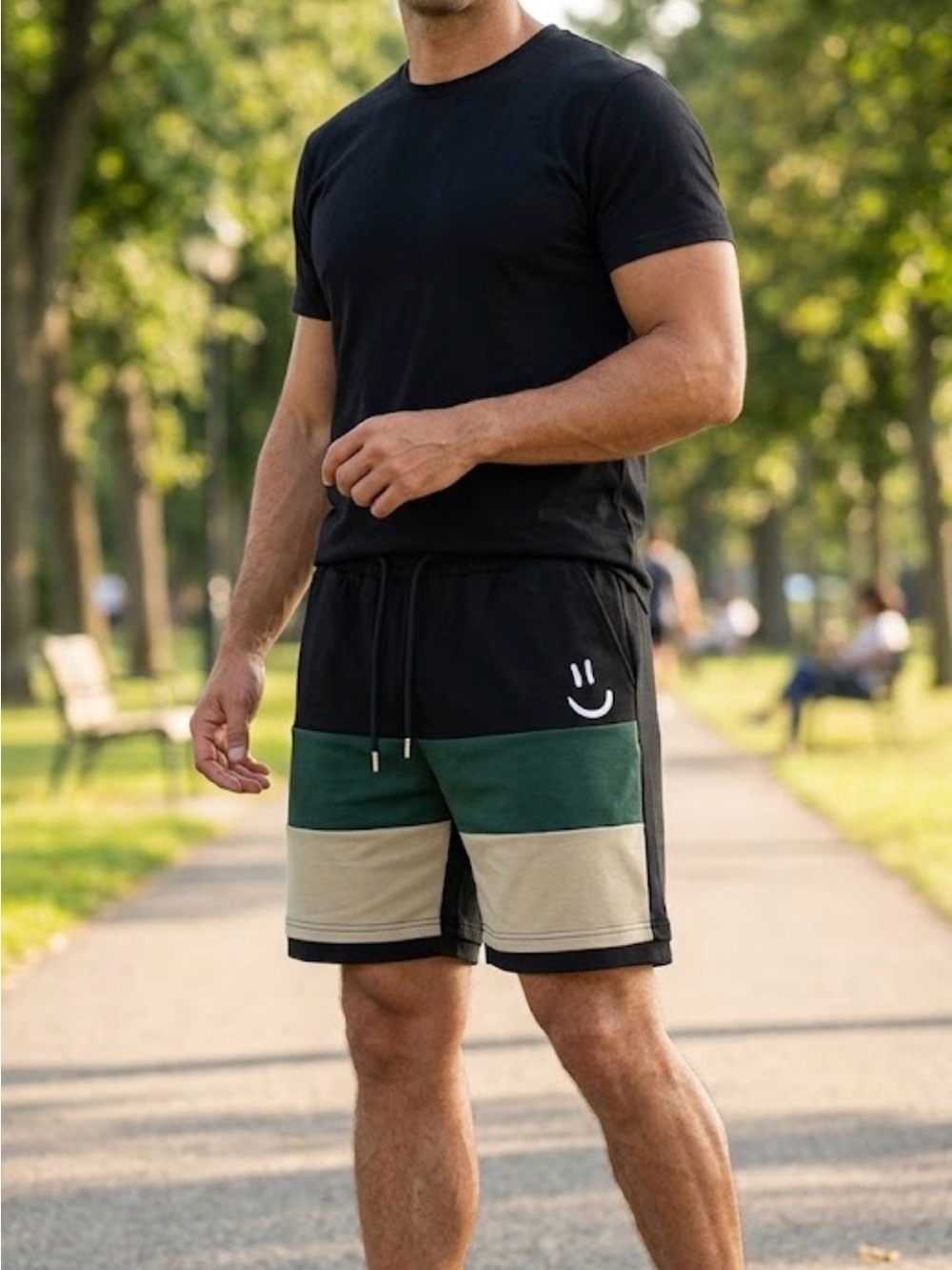 Men's Colorblock Athletic Drawstring Shorts in Black, Forest Green & Tan